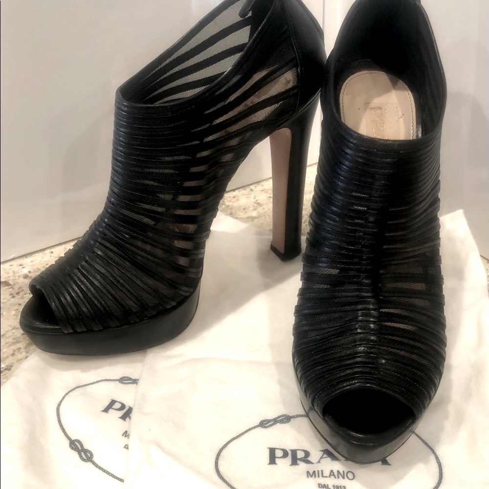 Prada Black Heeled Peep Toe Platform Booties Rare!
